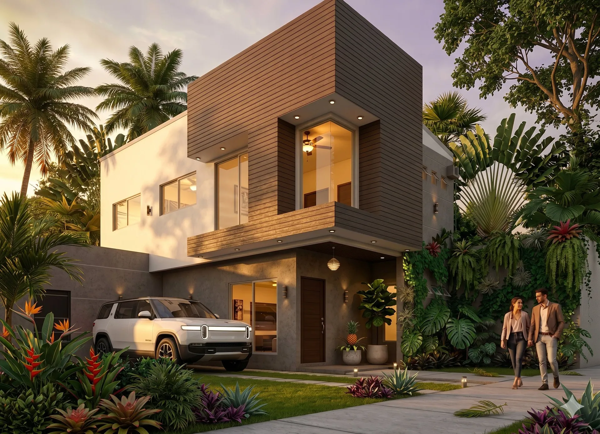 Modern residential exterior at golden hour with tropical landscaping